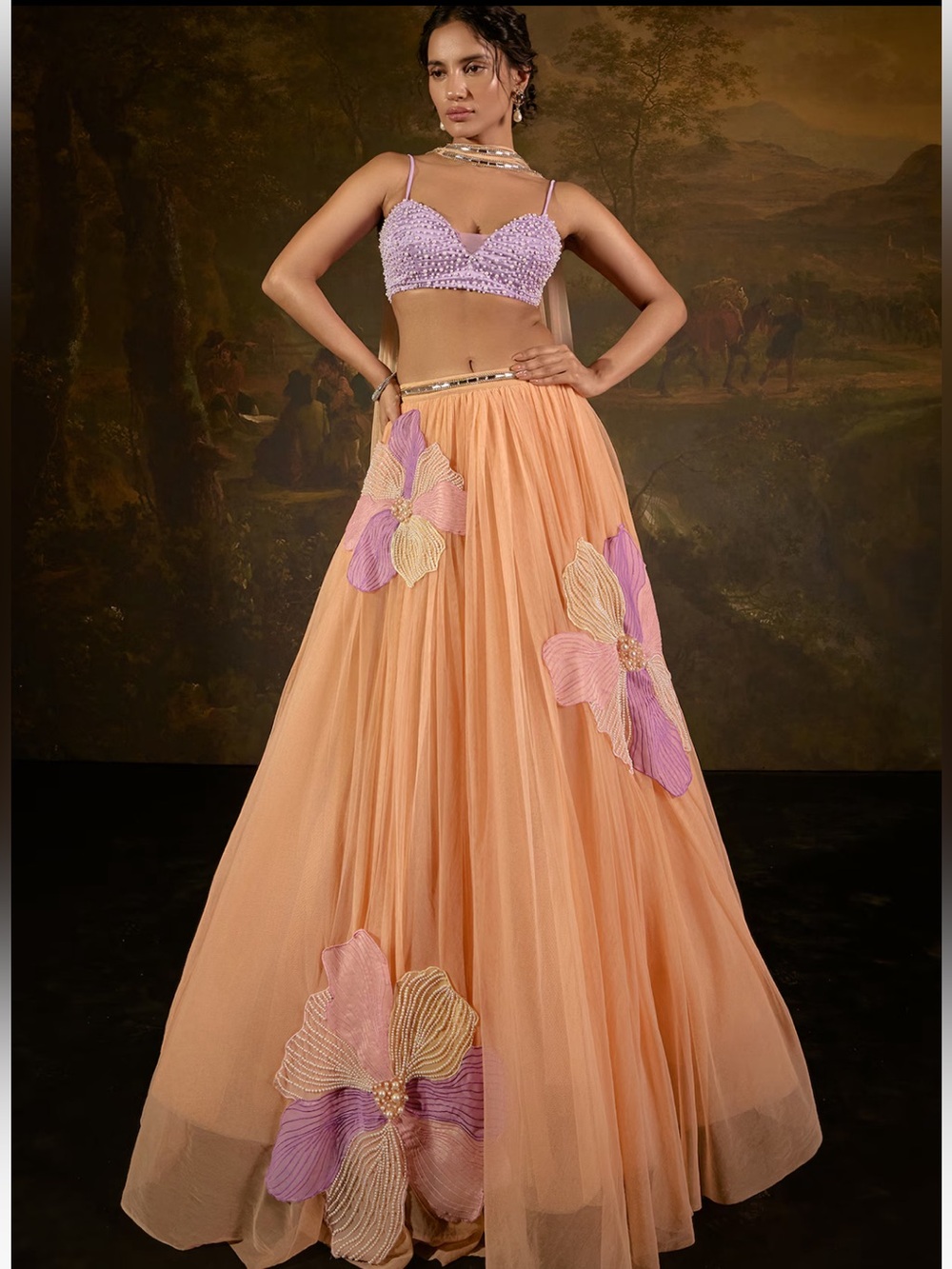 Peach Floral Maxi Lehenga with Lilac Embellished Crop Top